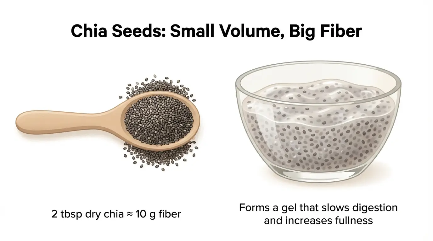 Illustration of dry chia seeds and soaked chia pudding showing how they form a gel and add fiber