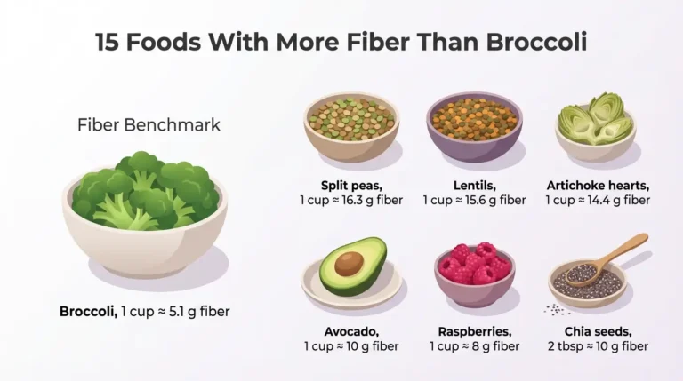 Illustration of broccoli surrounded by lentils, split peas, artichokes, avocado, berries, and chia seeds with fiber amounts per serving