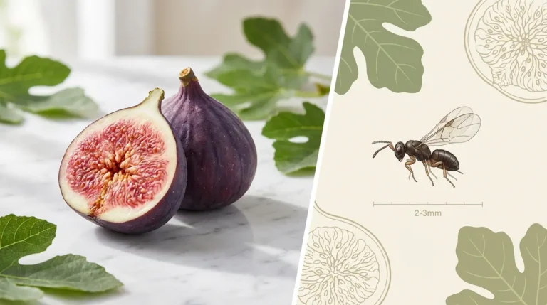 Fresh purple fig cut in half showing pink interior seeds next to tiny fig wasp for size comparison