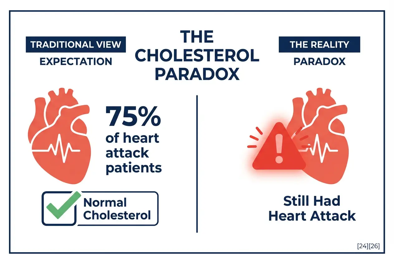Infographic showing 75% of heart attack patients have normal cholesterol levels, illustrating the cholesterol paradox