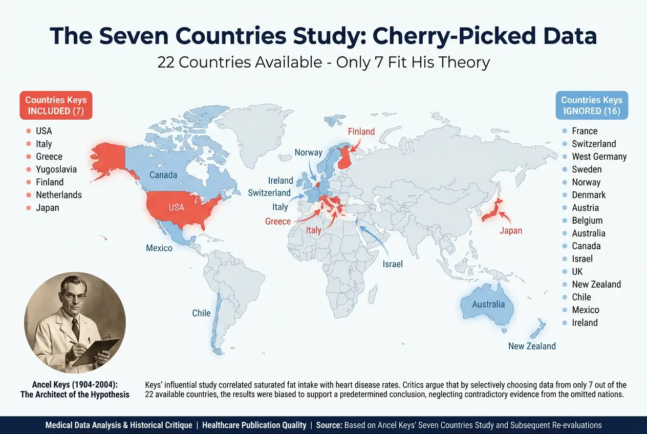World map showing how Ancel Keys cherry-picked 7 countries for his diet-heart hypothesis study while ignoring 16 others that contradicted his theory