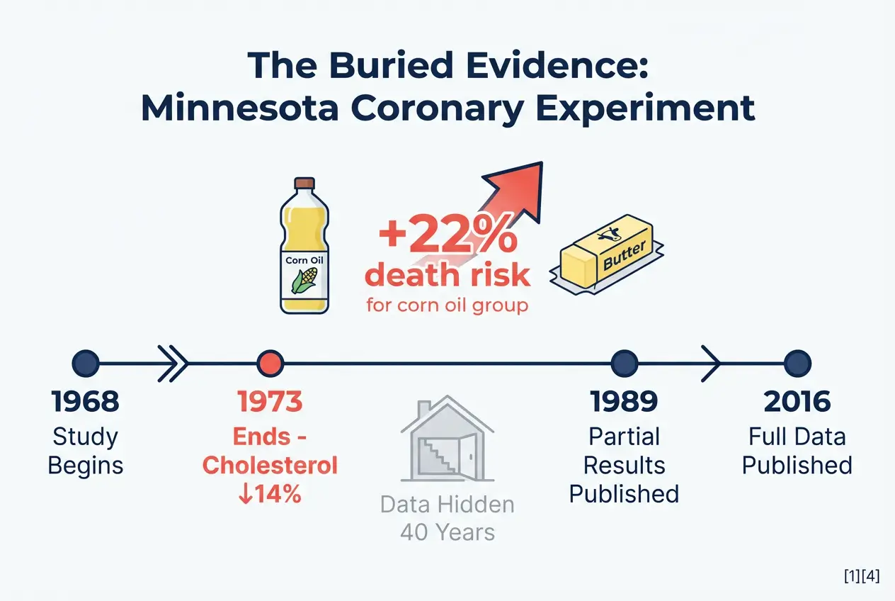 Timeline showing Minnesota Coronary Experiment results were hidden for 40 years after corn oil lowered cholesterol but increased death rates by 22%