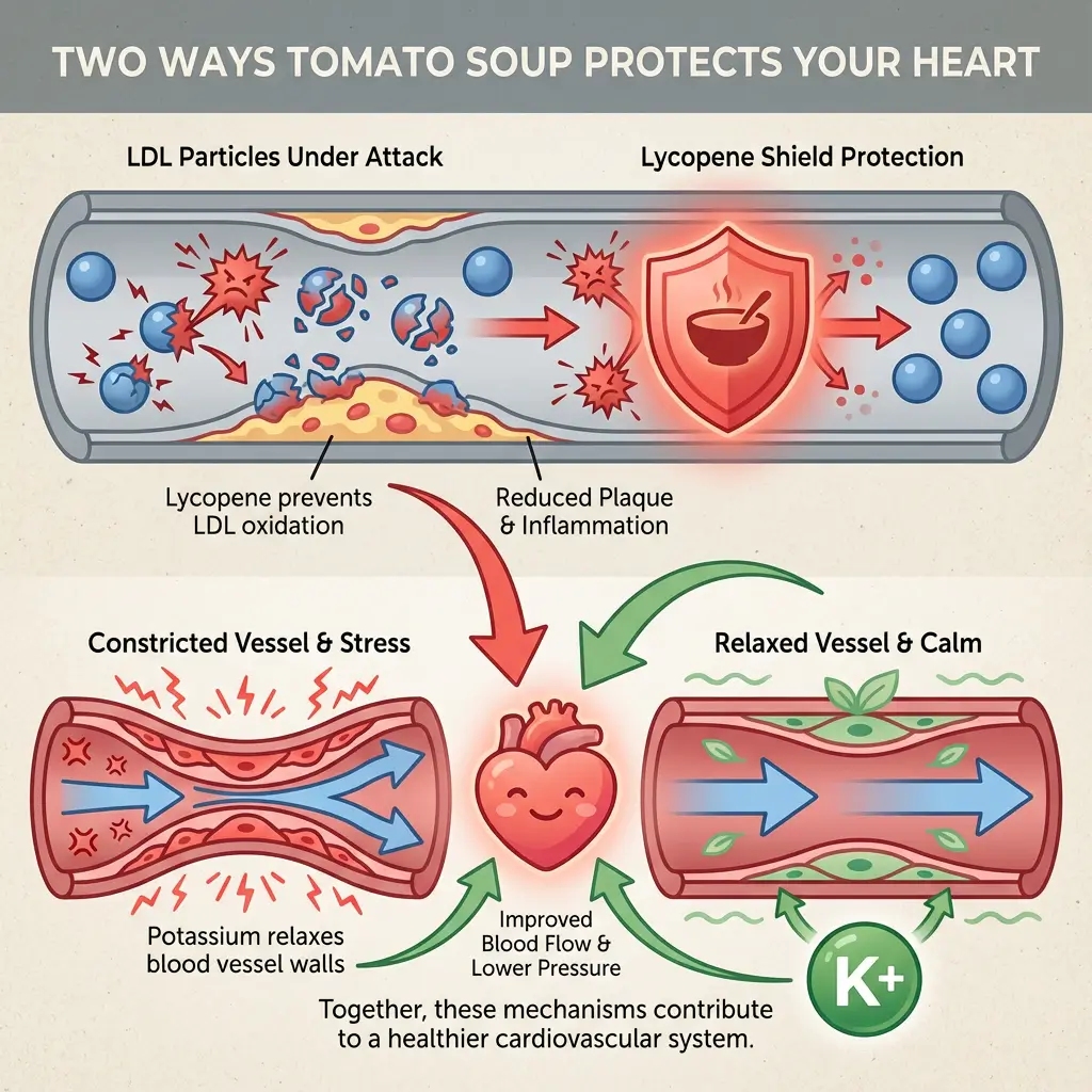 Dual-mechanism heart health illustration: top half shows LDL particles being protected from oxidation by lycopene shield (left damaged, right protected) in artery cross-section; bottom half shows blood vessel relaxing via potassium to improve blood flow, with heart icon connecting both mechanisms.