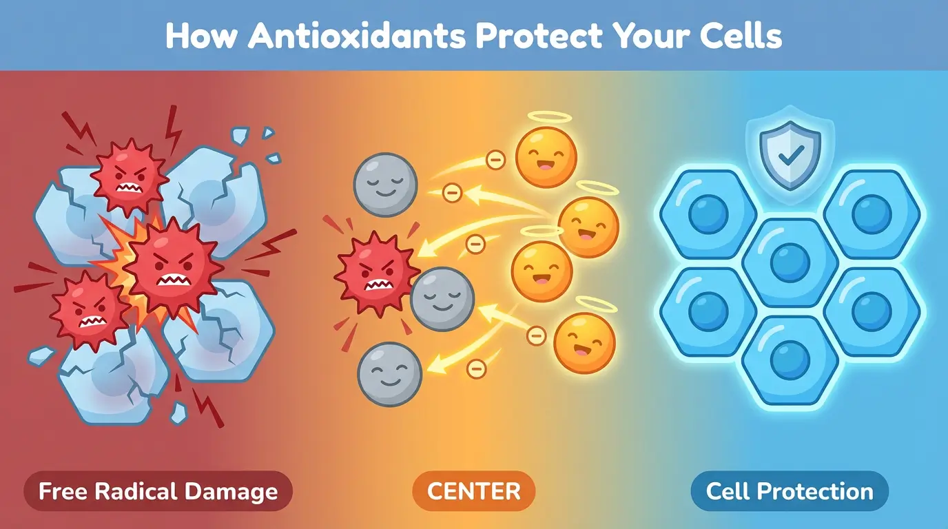 Process illustration showing three angry red free radical molecules damaging blue cell structures on the left, antioxidant molecules (yellow/orange) neutralizing the free radicals in center, resulting in protected intact cells on right with shield icon.