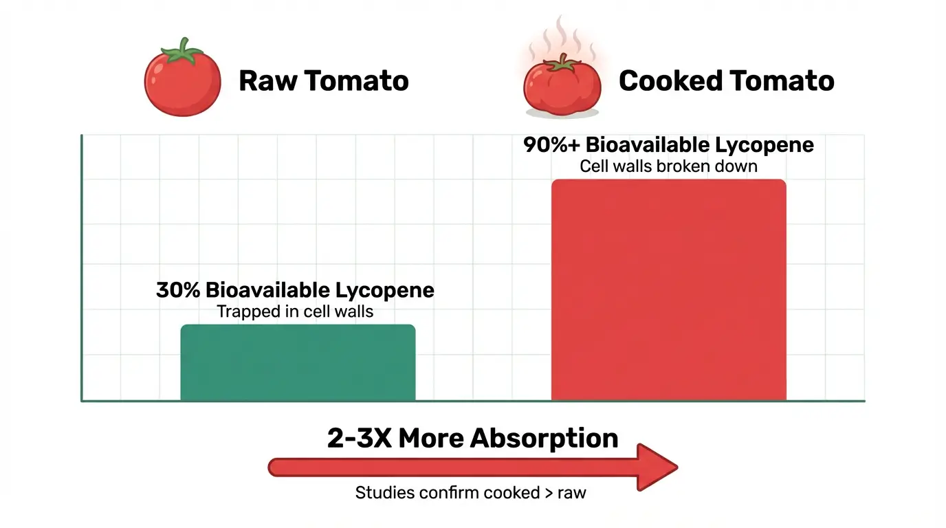 Comparative chart: raw tomato shows 30% bioavailable lycopene with bar at 30% height, cooked tomato shows 90%+ bioavailable lycopene with bar at 90% height, illustrating 2-3x greater absorption when tomatoes are heated