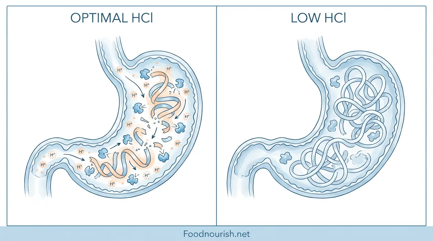 Comparison diagram showing protein digestion with optimal stomach acid versus low stomach acid levels