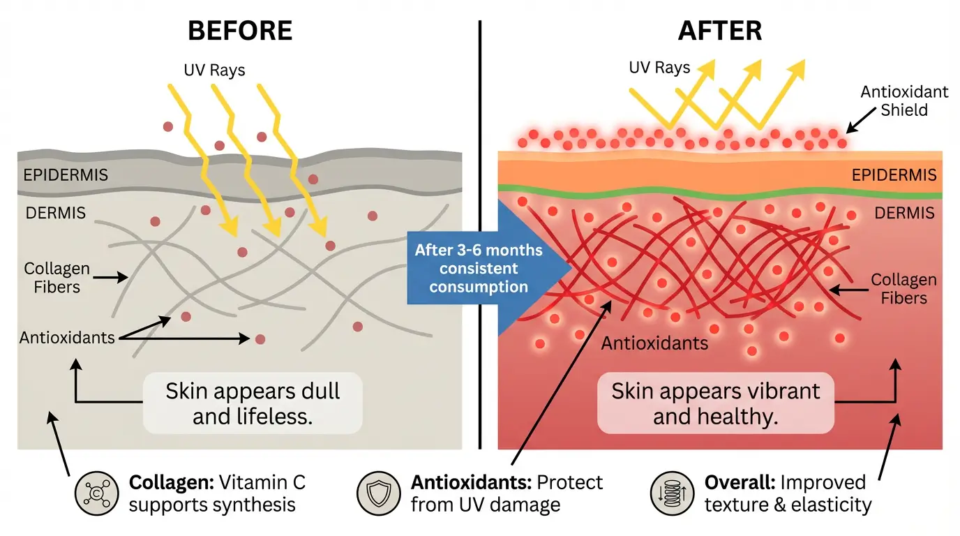 Before/after skin cross-section illustration showing loose gray collagen fibers and sparse antioxidants on left versus dense red collagen network and abundant antioxidants blocking UV rays on right, representing skin health benefits of lycopene consumption over time