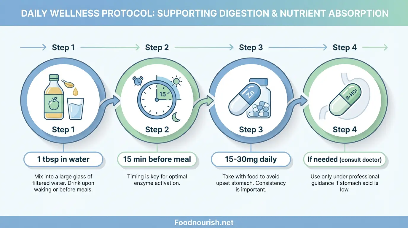 Four-step protocol infographic for optimizing stomach acid before protein meals including apple cider vinegar and supplements