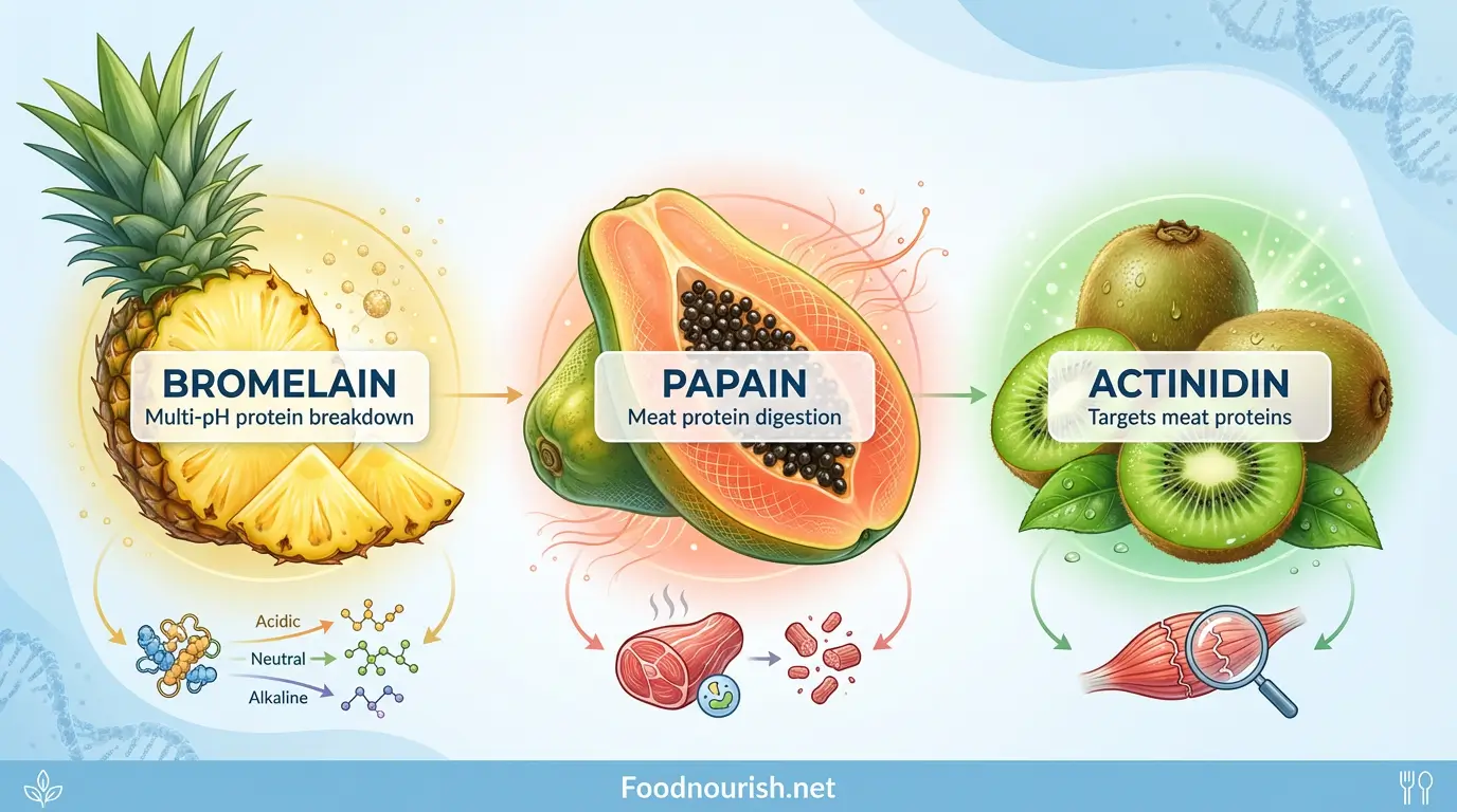 Chart showing three natural proteolytic enzyme sources including pineapple bromelain, papaya papain, and kiwi actinidin