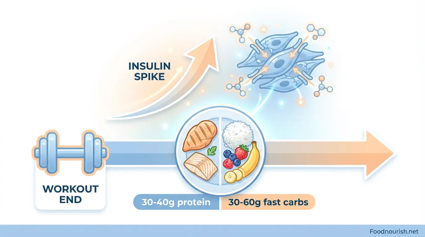 Infographic showing post-workout protein and carbohydrate pairing to optimize insulin-driven amino acid uptake into muscles