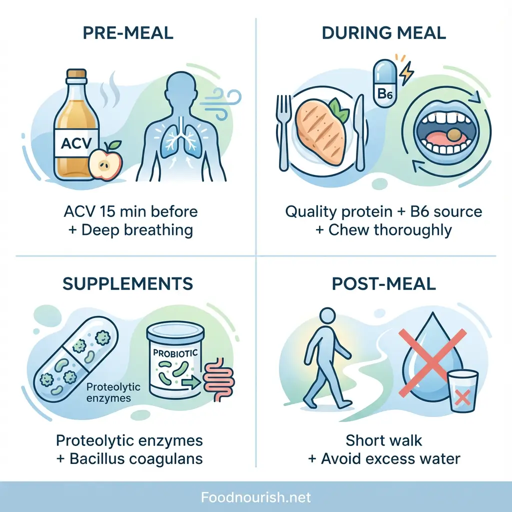 Complete four-part protein absorption protocol summary showing pre-meal during meal supplement and post-meal strategies