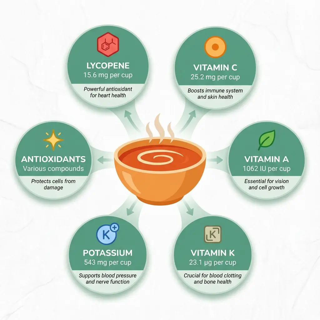 Infographic showing six key nutrients in tomato soup: lycopene 20-30mg, vitamin C 5-10mg, vitamin A 20% DV, vitamin K 5-10mcg, potassium 400-500mg, and multiple antioxidants, arranged in circular icons around a bowl of soup.