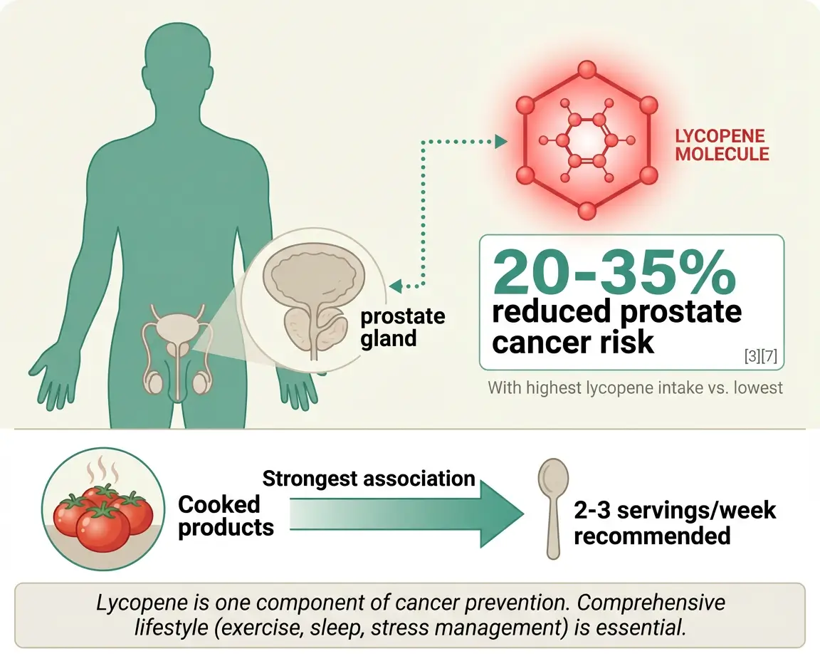 Medical infographic showing male silhouette with prostate gland highlighted, connected to red lycopene molecule, with large statistic showing 20-35% reduced prostate cancer risk in men with highest lycopene intake, including disclaimer about comprehensive cancer prevention.