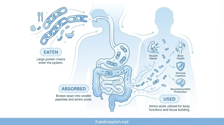 Diagram showing protein absorption stages from consumption to utilization in the human digestive system