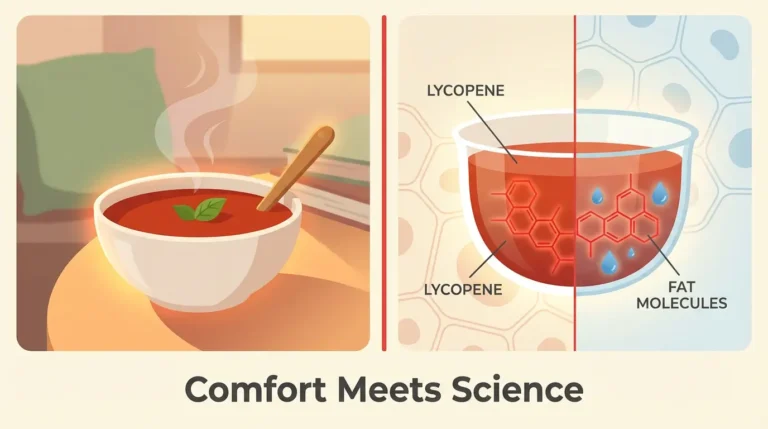 Split-screen illustration: cozy tomato soup on left contrasted with scientific visualization of lycopene molecules and fat particles on right, representing comfort food and functional nutrition