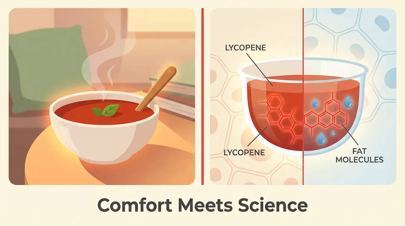 Split-screen illustration: cozy tomato soup on left contrasted with scientific visualization of lycopene molecules and fat particles on right, representing comfort food and functional nutrition
