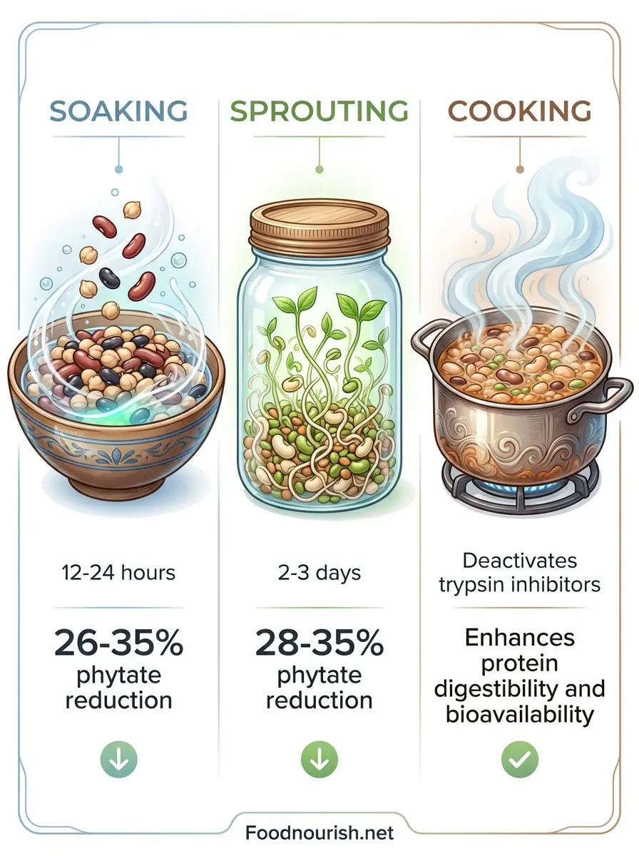 Infographic showing three methods to reduce anti-nutrients in plant proteins through soaking sprouting and cooking