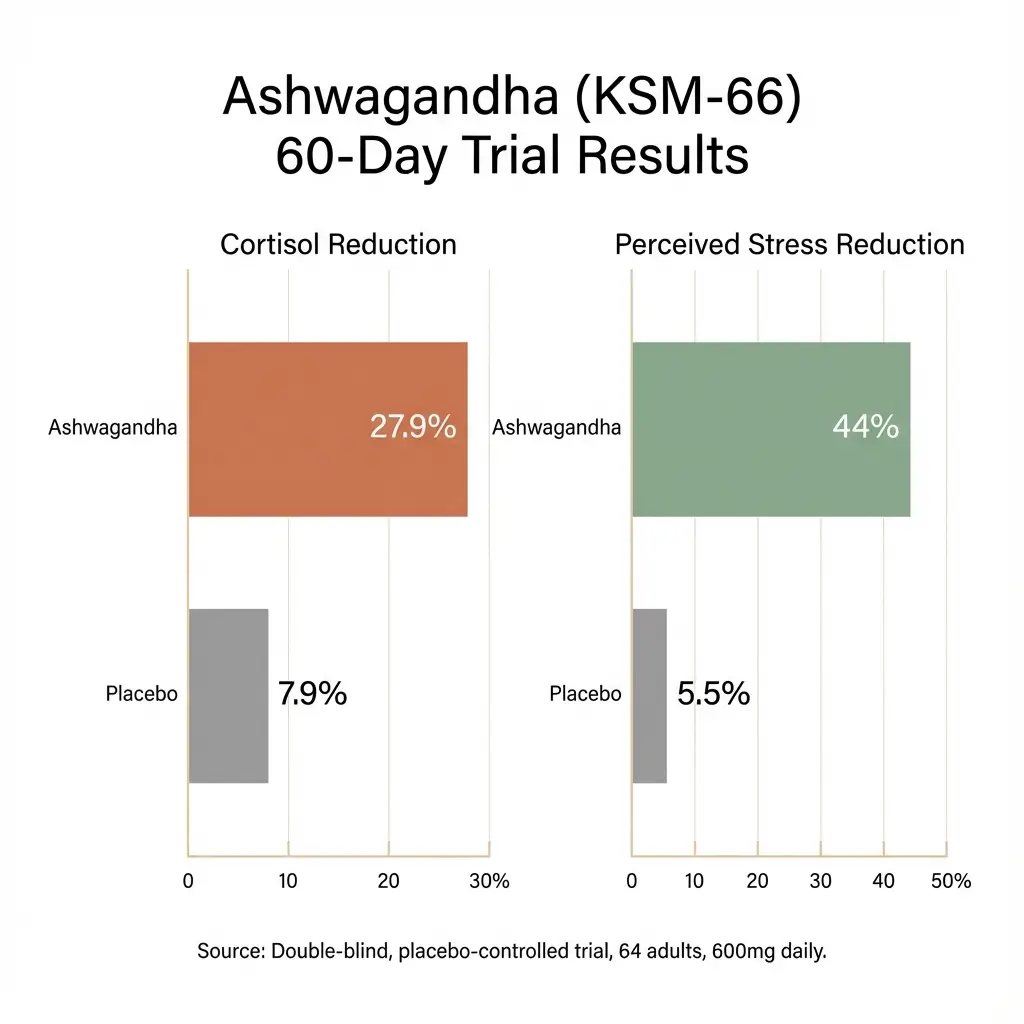 Bar chart showing ashwagandha KSM-66 clinical trial results: 27.9% cortisol reduction and 44% perceived stress reduction compared to placebo