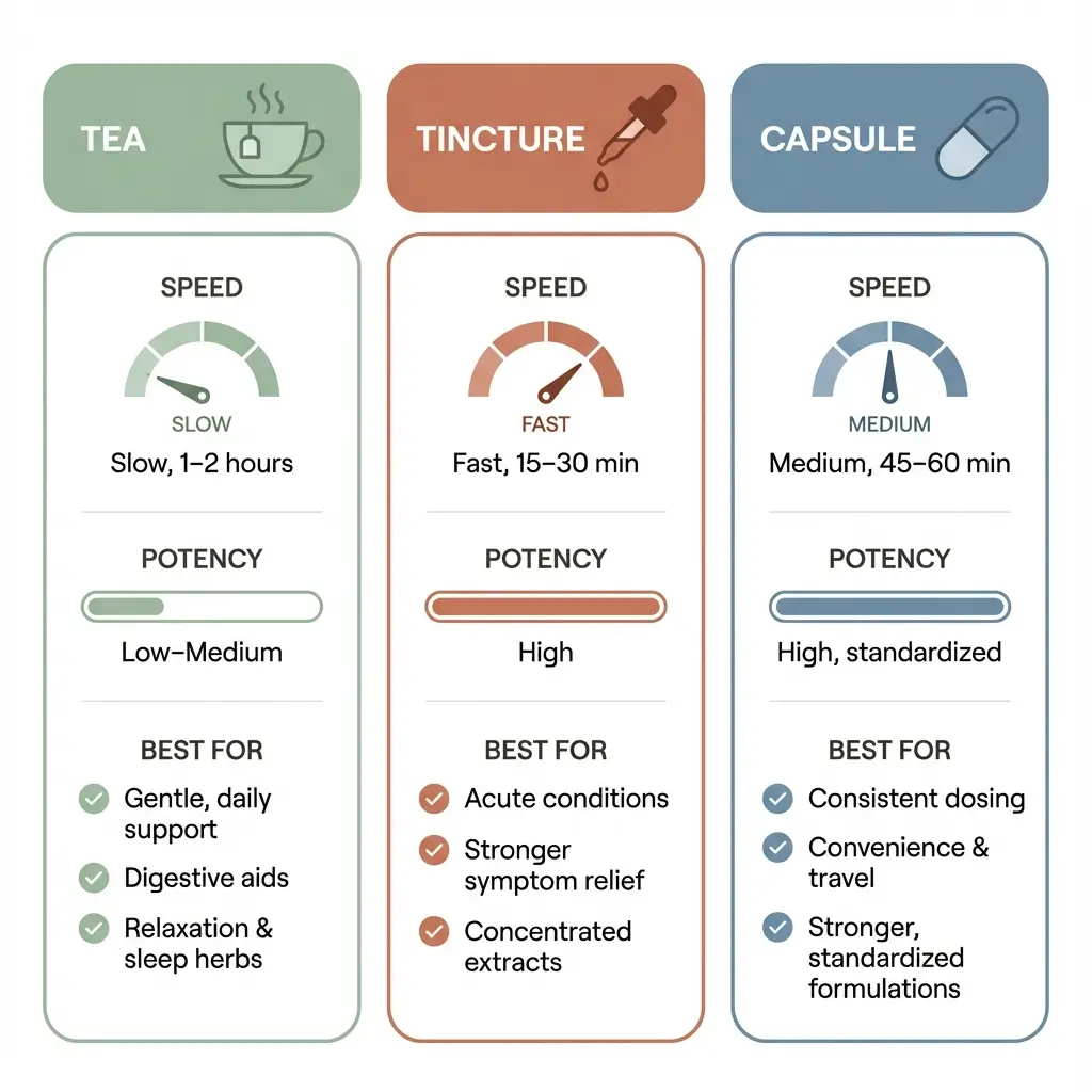 Comparison chart of herbal supplement forms: tea versus tincture versus capsule, showing absorption speed, potency, and best uses for each
