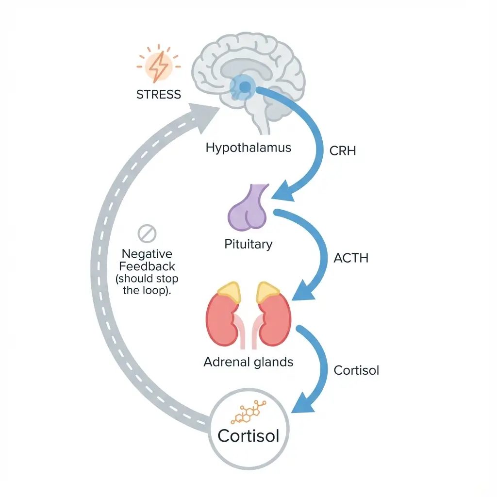 HPA Axis diagram showing how the hypothalamus, pituitary gland, and adrenal glands communicate during stress response, with cortisol feedback loop illustration