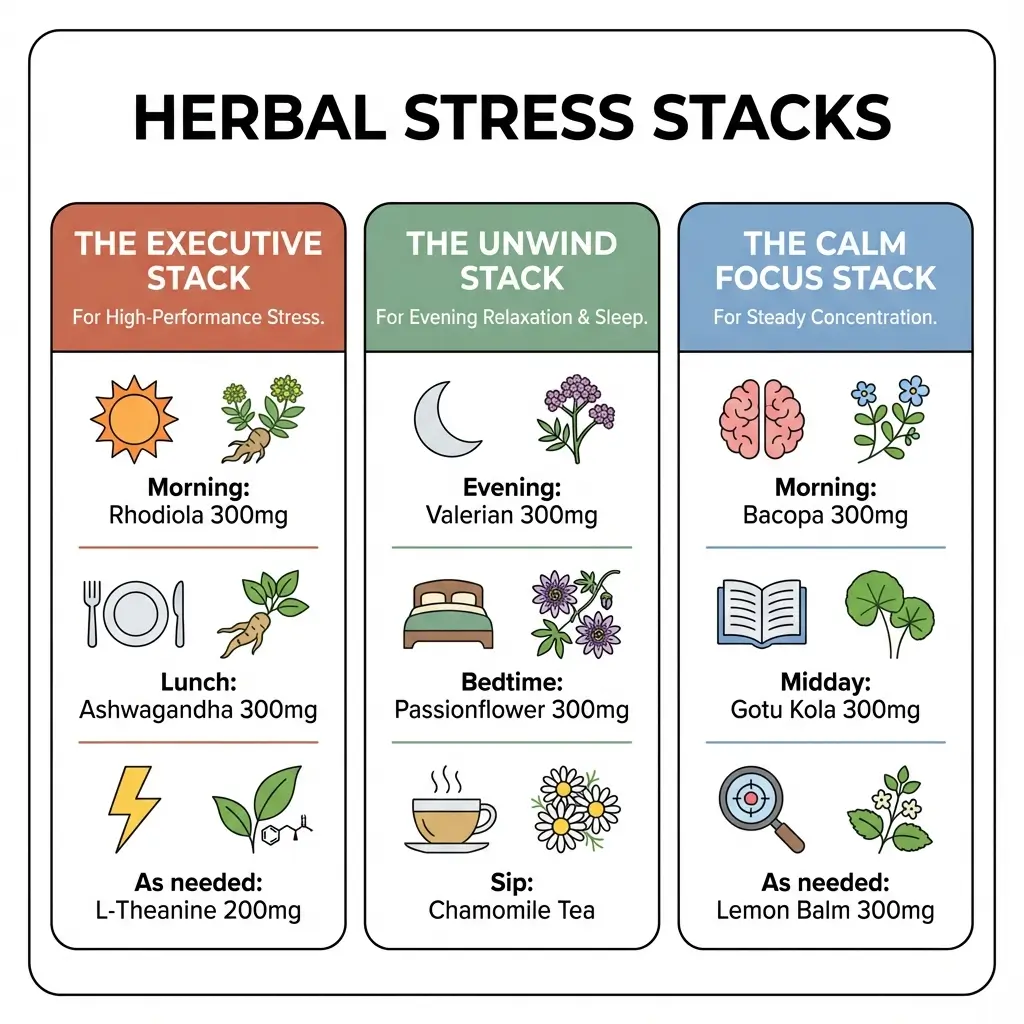 Quick reference card showing three herbal supplement stacks: Executive Stack for performance, Deep Sleep Stack for insomnia, and Social Anxiety Stack for acute stress
