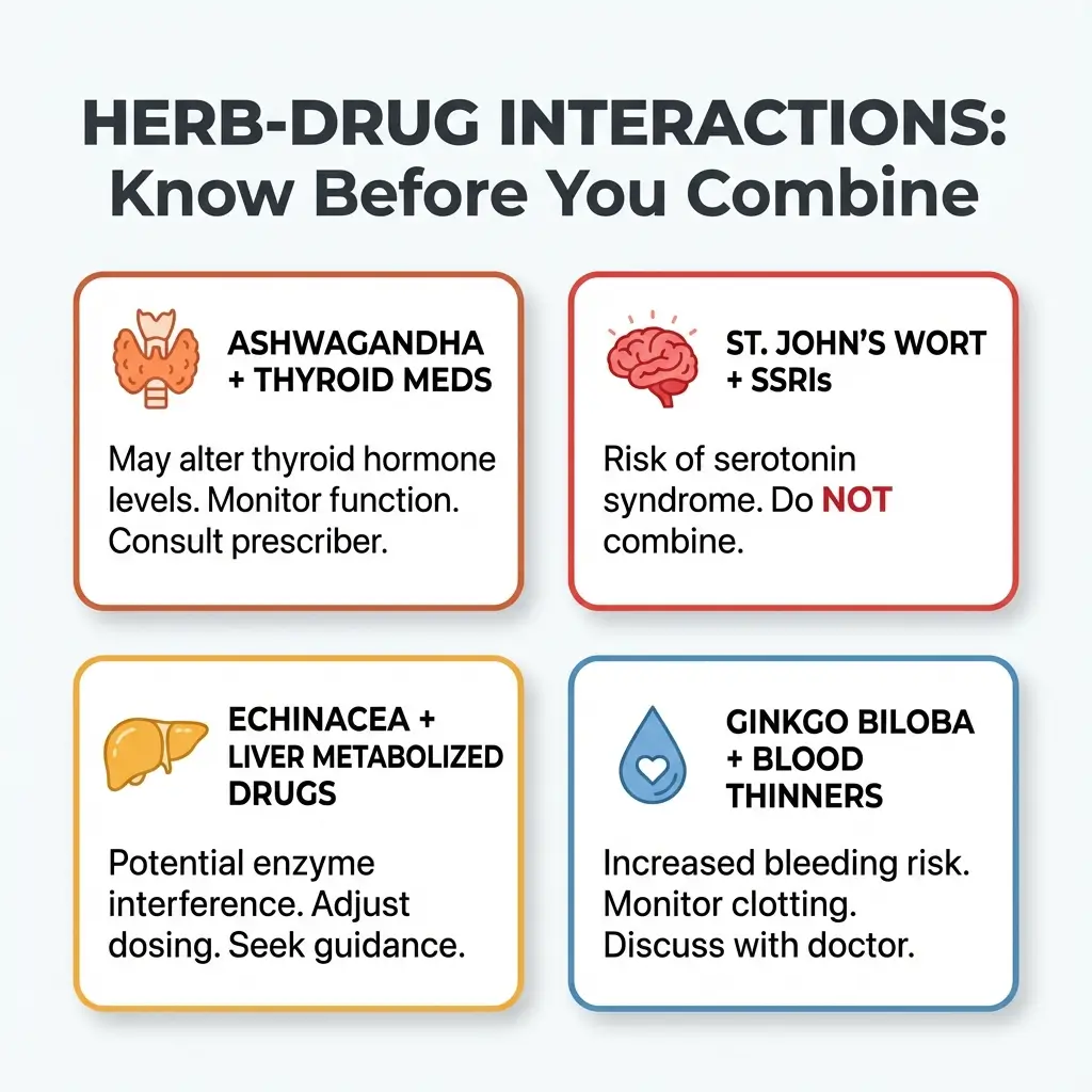 Safety warning card showing four major herb-drug interactions: ashwagandha with thyroid medications, St. John's Wort with SSRIs, valerian and kava with sedatives, and pregnancy precautions