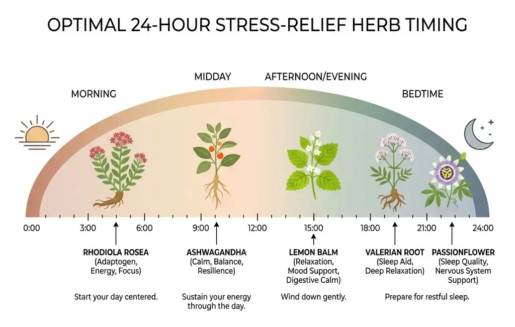 Daily timing guide for stress-relieving herbs showing when to take rhodiola, ashwagandha, holy basil, lemon balm, passionflower, and valerian throughout the day
