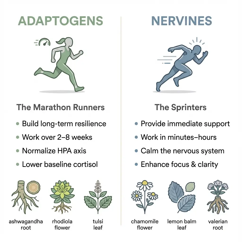 Infographic comparing adaptogens and nervines: adaptogens for long-term stress resilience versus nervines for immediate anxiety relief