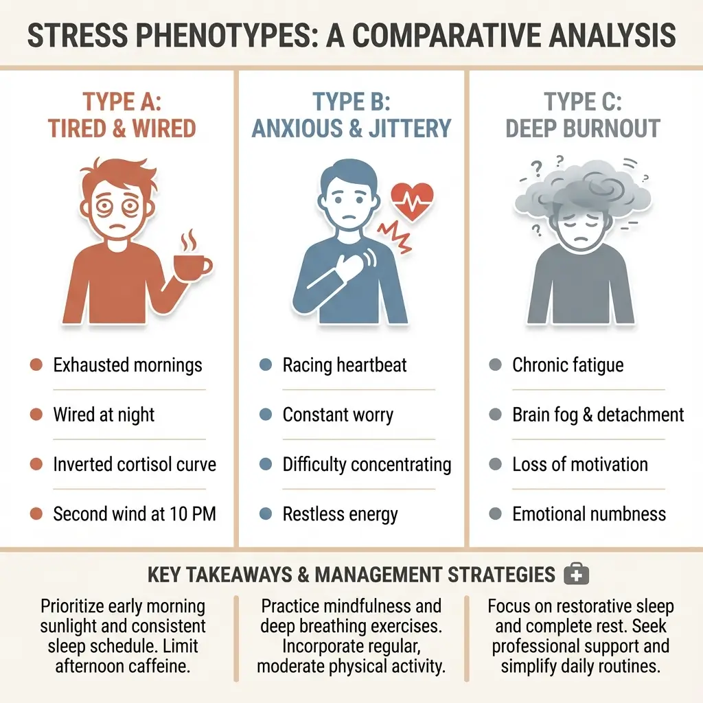Stress phenotype comparison chart showing three types: Tired and Wired, Anxious and Jittery, and Deep Burnout, with symptoms and recommended herbs for each