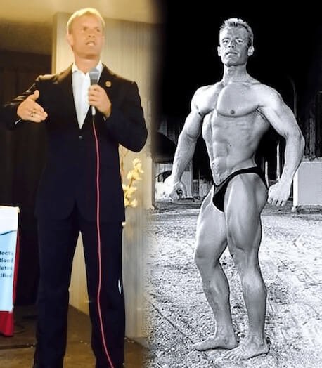 Right: Wade Leightheart during a speech at a vegan conference. Left: Wade, to a vegetarian bodybuilding contest.