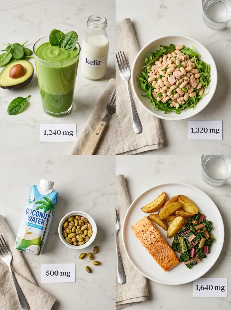 One day of high potassium meals totaling 4,700 mg, including green smoothie, bean salad, coconut water with pistachios, and salmon with potato and chard.
