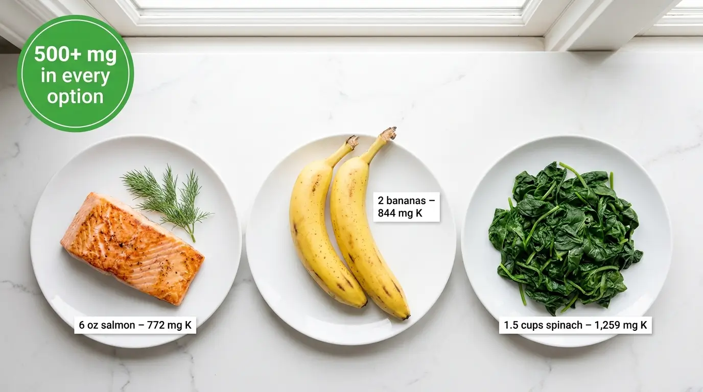 Three plates showing what 500 mg of potassium looks like: salmon fillet, two bananas, and a bowl of steamed spinach.