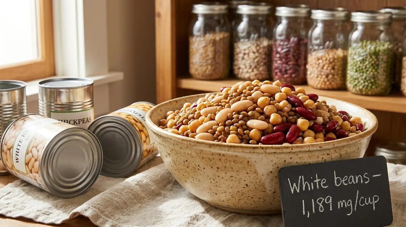 Mixed cooked white beans, lentils, chickpeas, and kidney beans in a bowl with potassium label highlighting white beans as the top source.