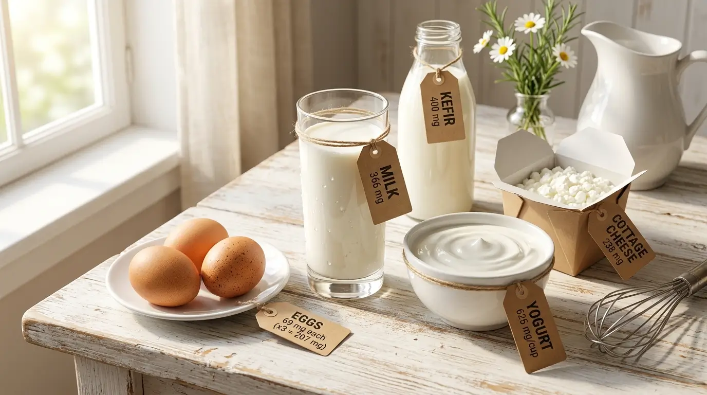 Plain yogurt, milk, kefir, cottage cheese, and eggs with potassium values, highlighting dairy as a meaningful potassium contributor.
