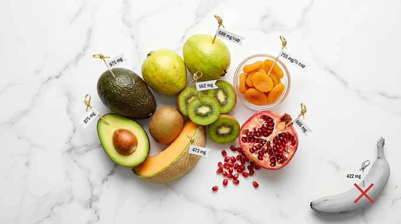Avocado, guava, kiwi, cantaloupe, dried apricots, and pomegranate with potassium labels, shown as higher-potassium alternatives to a banana.