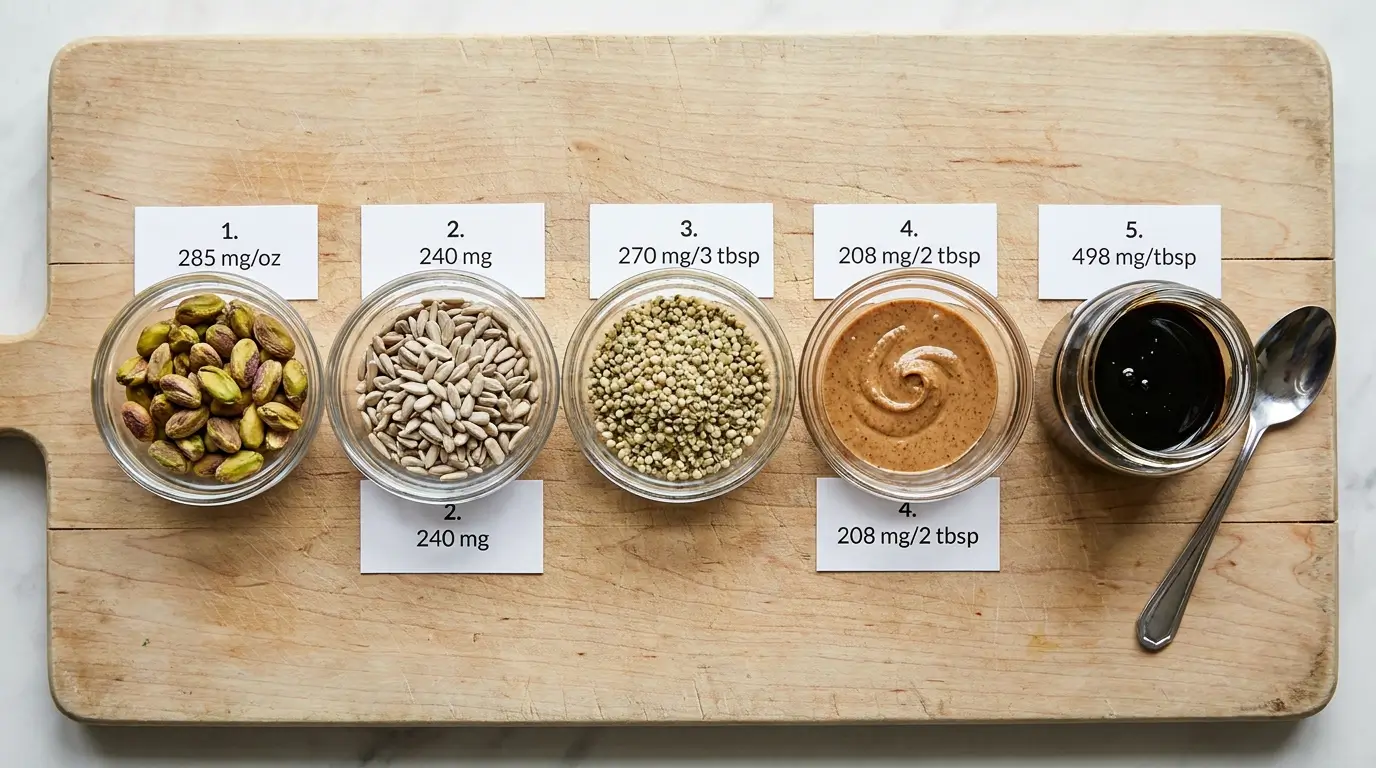 Pistachios, sunflower seeds, hemp seeds, almond butter, and blackstrap molasses with potassium amounts, emphasizing concentrated sources.