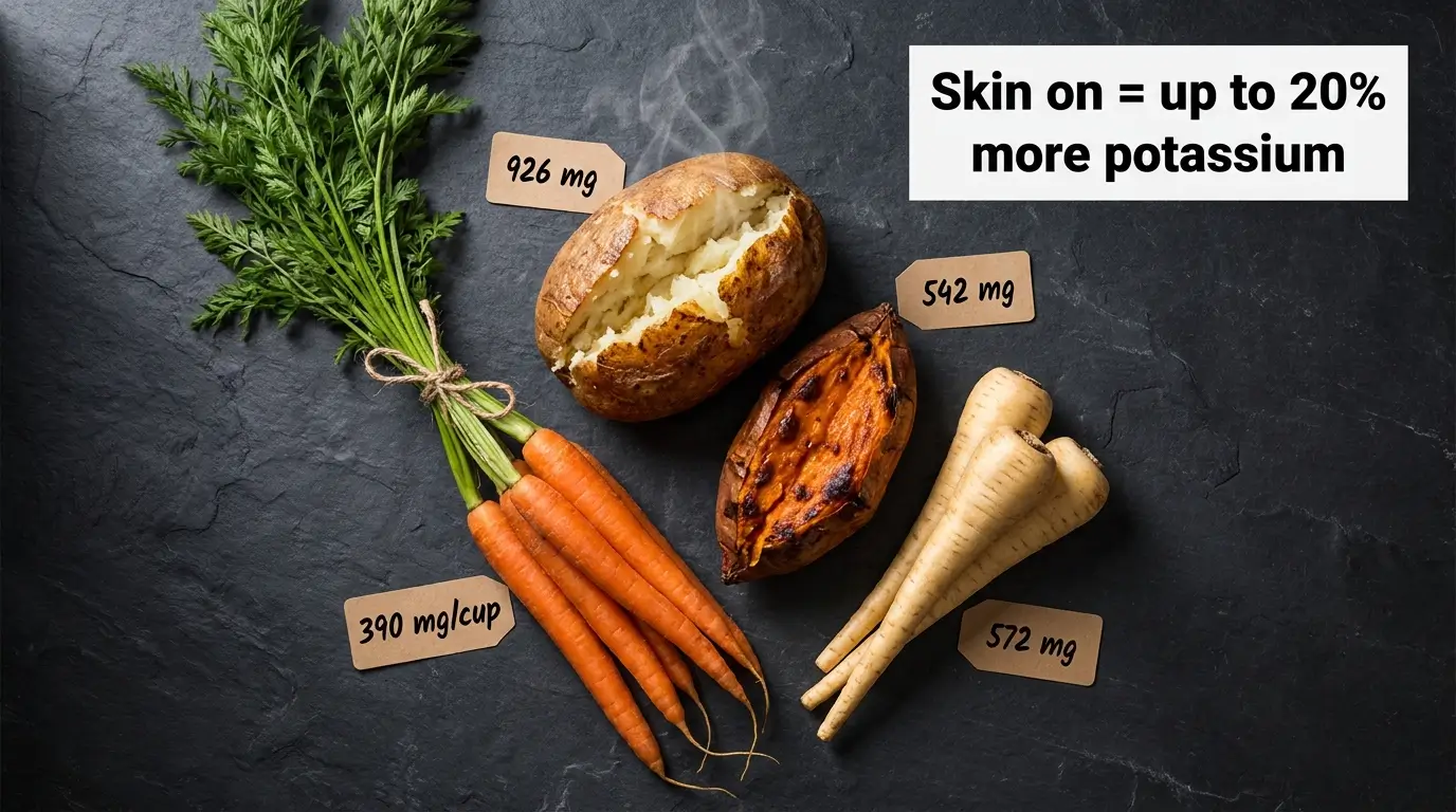 Baked potato, sweet potato, carrots, and parsnips with potassium values, emphasizing the importance of leaving skins on.