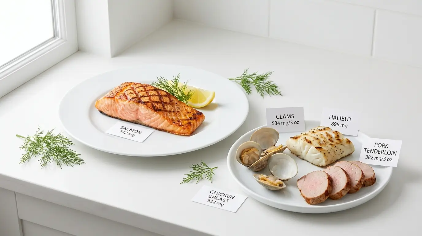 Salmon, halibut, clams, pork tenderloin, and chicken breast with potassium content labels, showing seafood as potassium-rich protein sources.