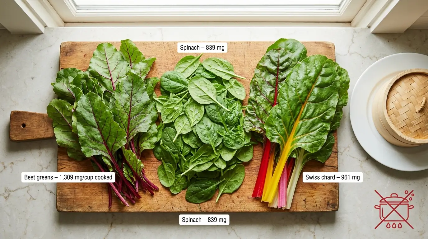 Fresh beet greens, spinach, and Swiss chard with potassium content labels; steamer basket icon emphasizes steaming over boiling.