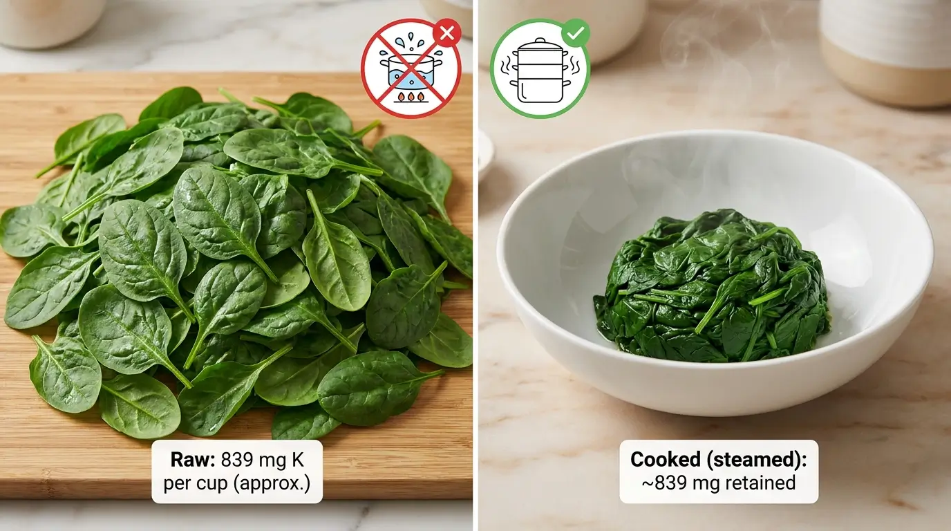 Raw spinach vs. steamed spinach potassium content comparison showing that steaming retains potassium while boiling causes losses.