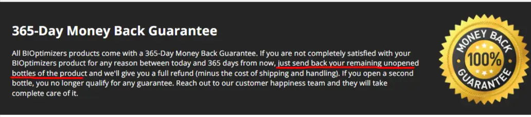 BiOptimizers returns policy showing product must be in sealed and unused condition