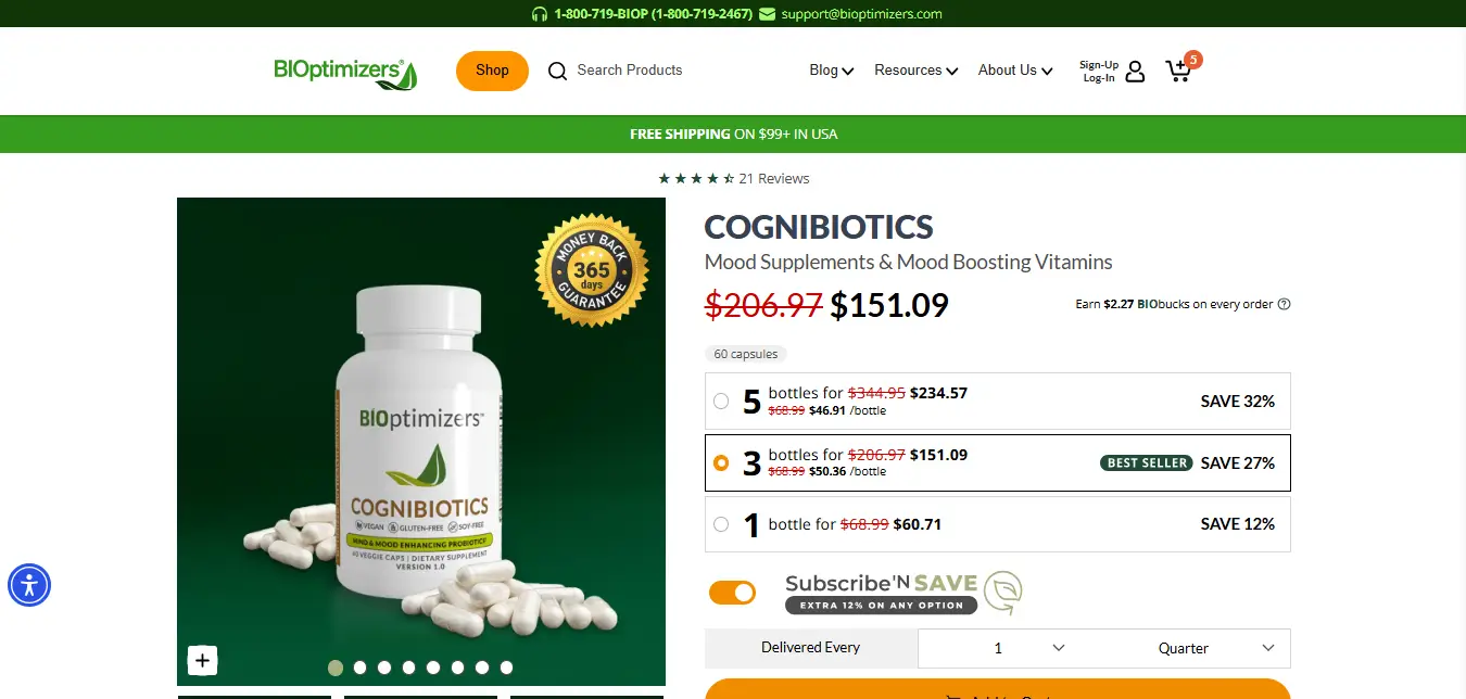 BiOptimizers Cognibiotics official pricing page showing list price anchor and bundle discount tiers.