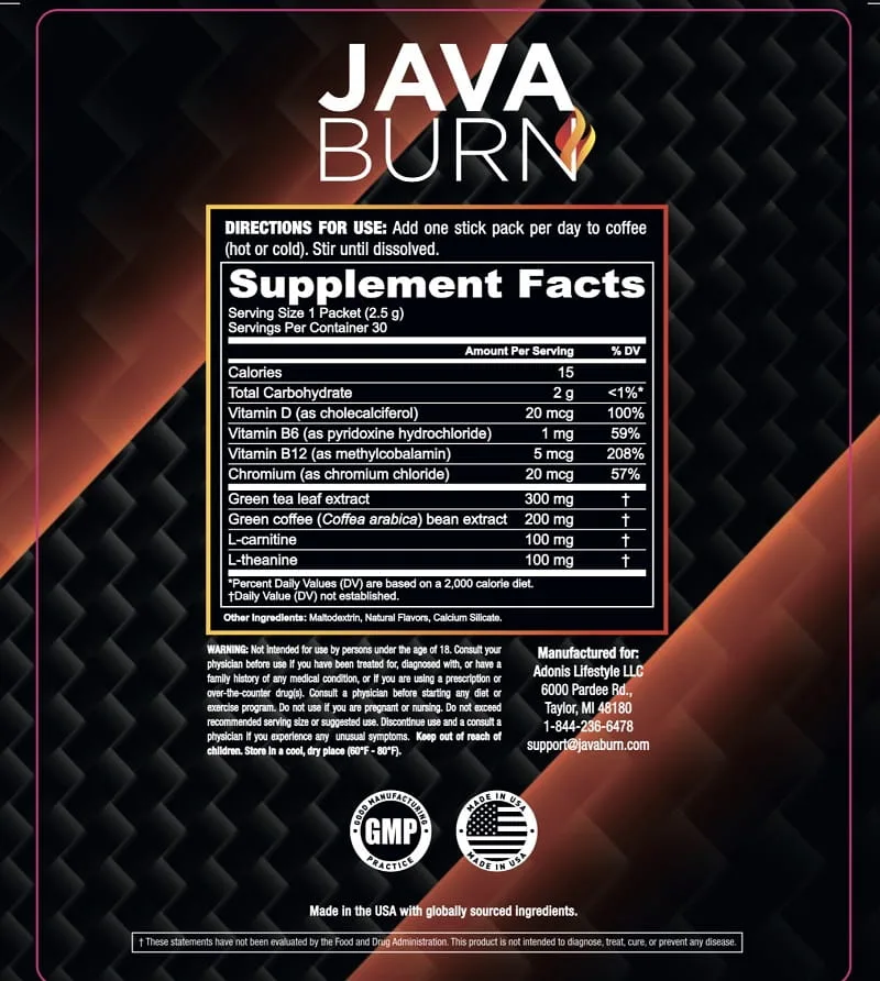 Java Burn supplement facts label