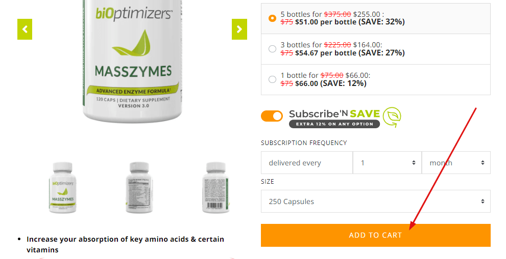 Screenshot from the biOptimizers shop showcasing the adding a product to the cart for checkout.