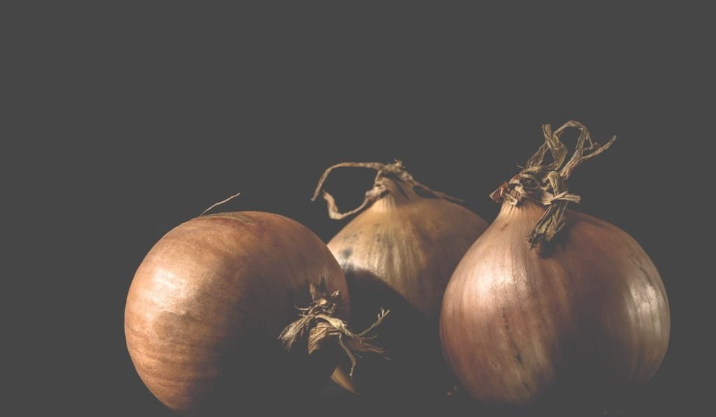 Three large onions on a black background