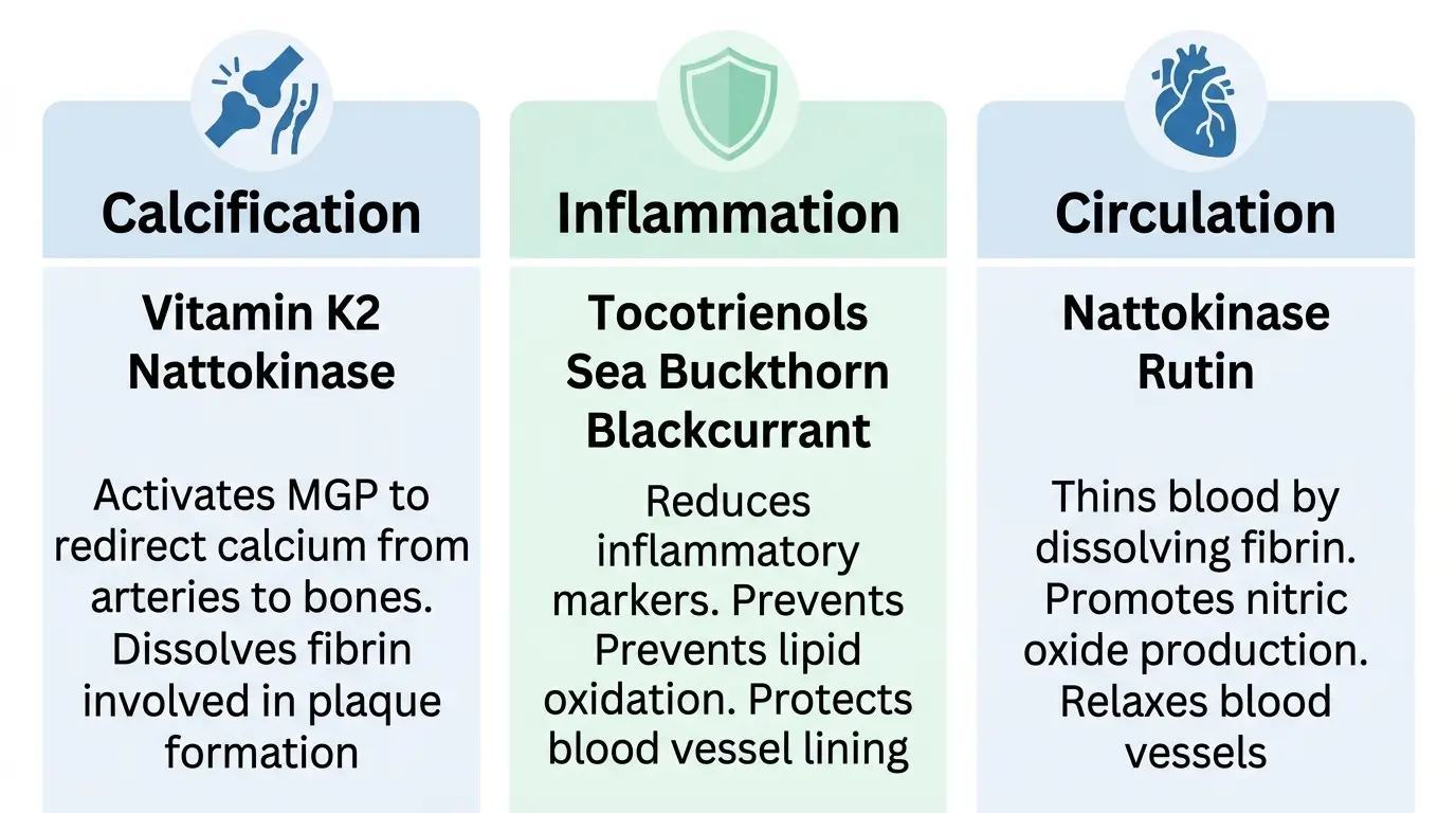 Infographic showing three cardiovascular pathways CX8 targets: calcification, inflammation, and circulation with corresponding ingredients