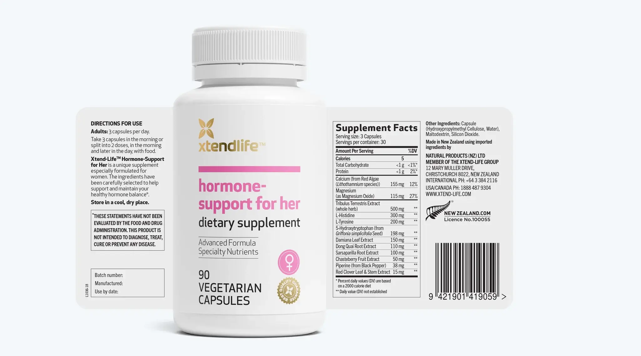 Xtend Life Hormone Support for Her supplement facts label showing 12 ingredients and doses