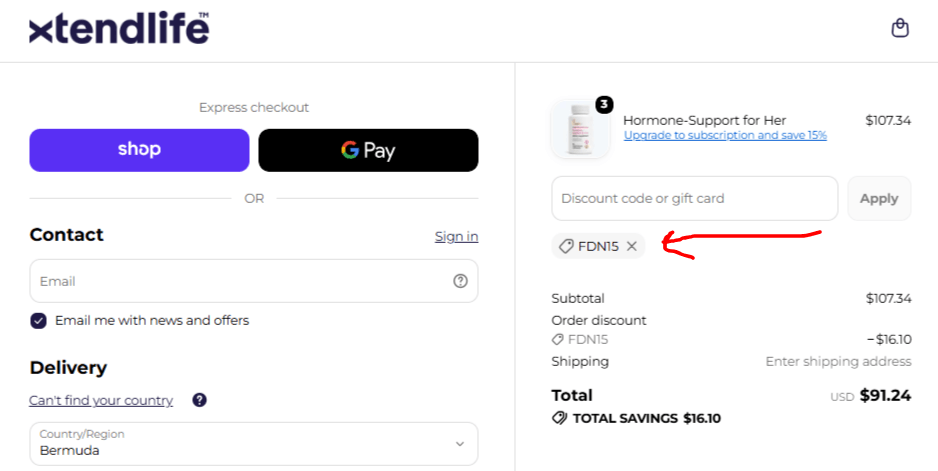 Xtendlife checkout showing Hormone Support for Her price with code FDN15 applied