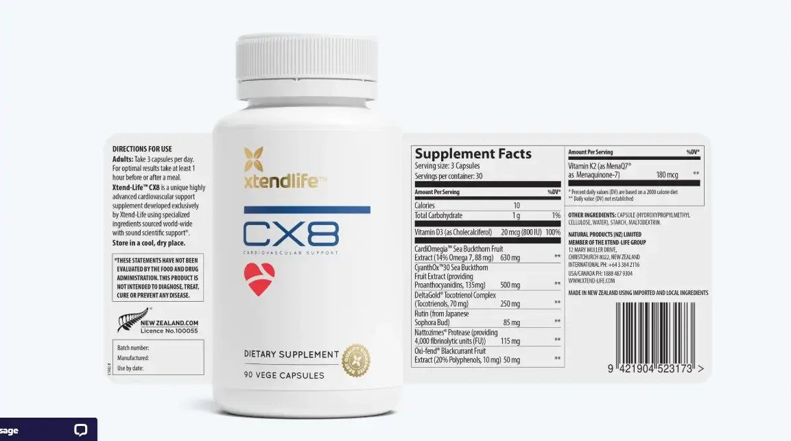 Xtend Life CX8 Heart Health Support supplement bottle with 90 vegetarian capsules