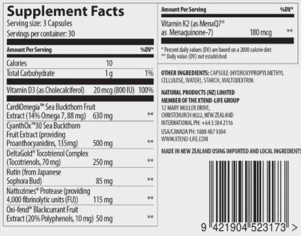 CX8 Supplement Facts label showing all 8 ingredients including Vitamin K2 180mcg, Nattozimes 115mg, and Sea Buckthorn 630mg